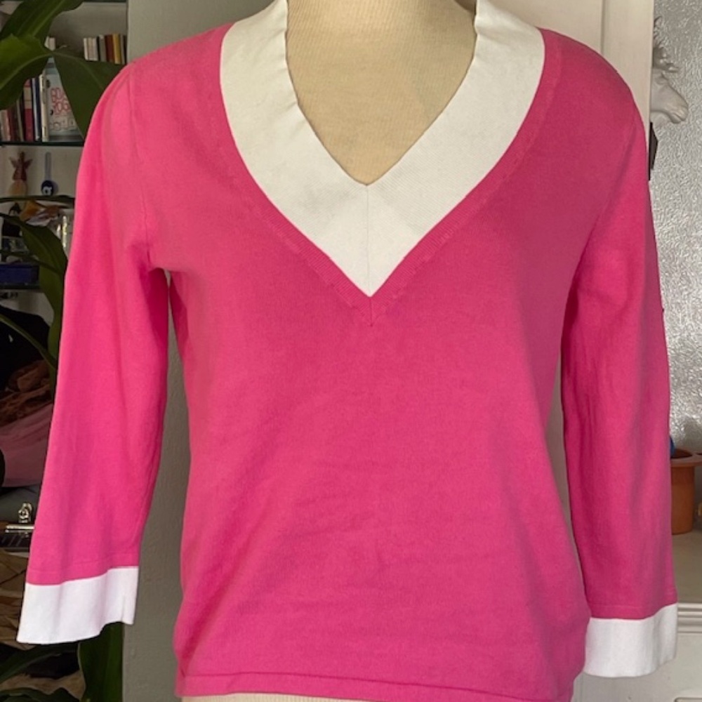 Preppy Pink & White Collegiate Lauren by Ralph Lauren Sweater - Small